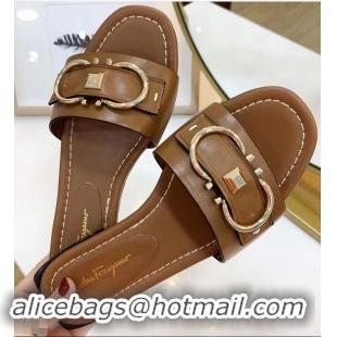 Discount Ferragamo Stud Gancini Slide Sandals F94905 Brown 2019