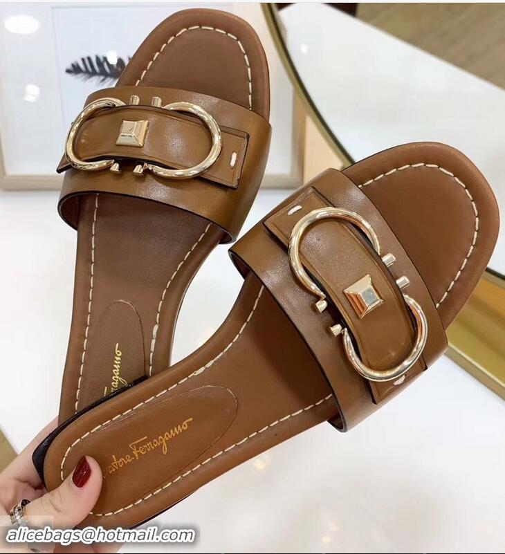 Discount Ferragamo Stud Gancini Slide Sandals F94905 Brown 2019