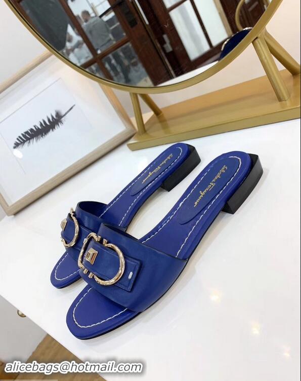 Luxury Faux Ferragamo Stud Gancini Slide Sandals F94905 Blue 2019