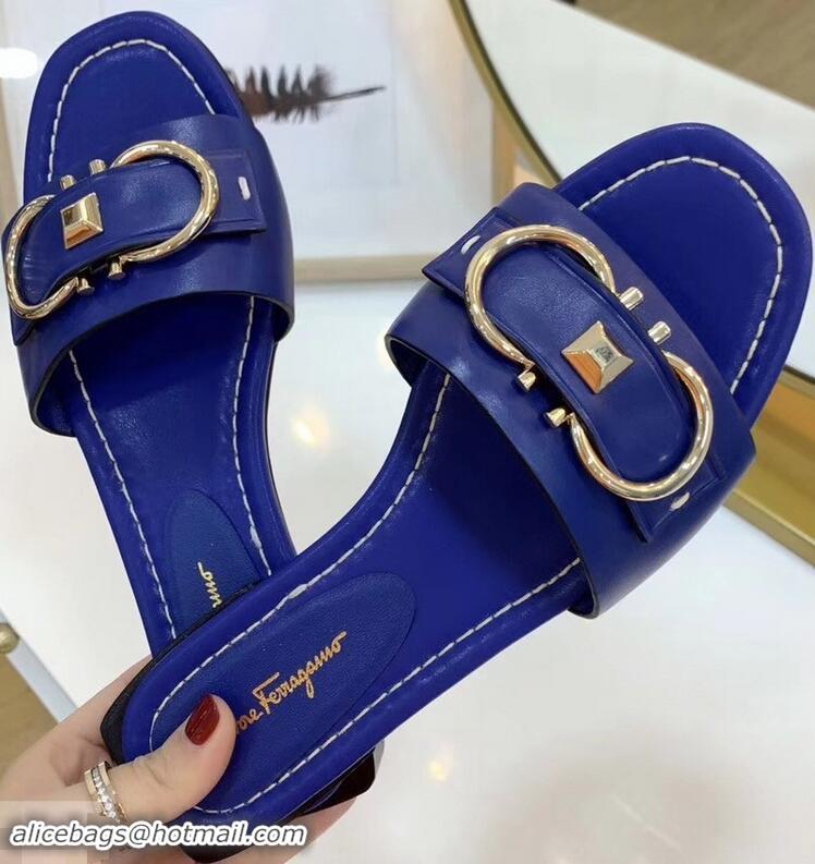 Luxury Faux Ferragamo Stud Gancini Slide Sandals F94905 Blue 2019