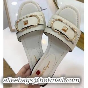 New Style Cheap Ferragamo Stud Gancini Slide Sandals F94905 Creamy 2019