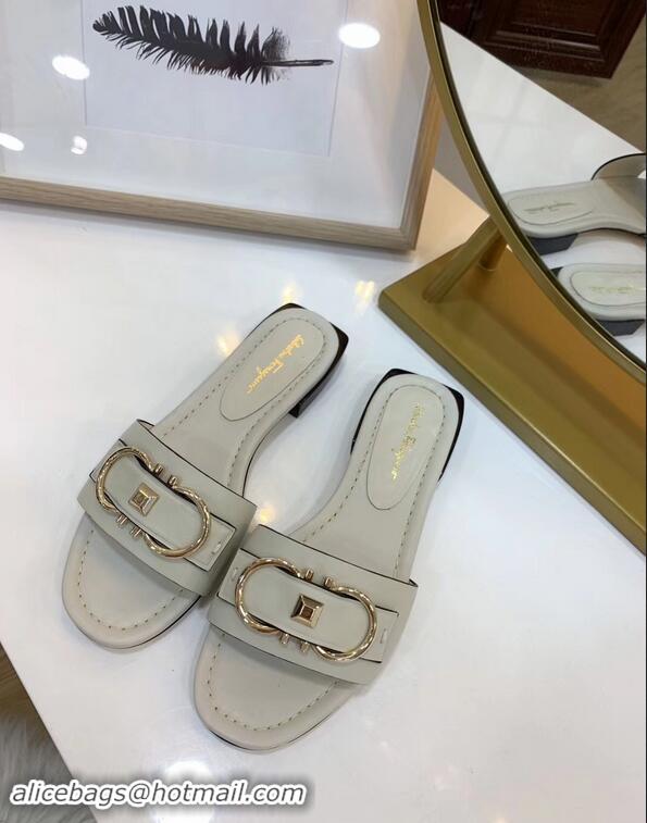 New Style Cheap Ferragamo Stud Gancini Slide Sandals F94905 Creamy 2019