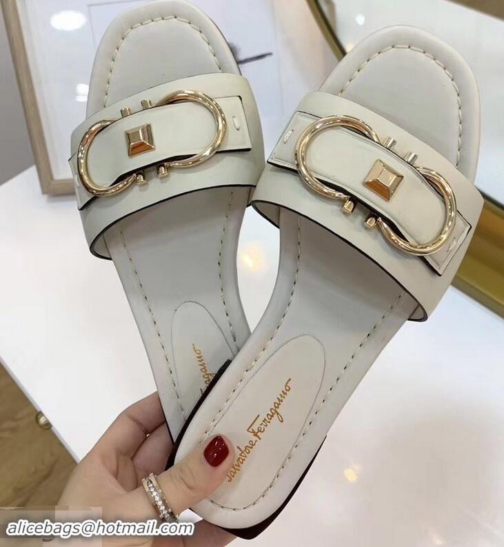 New Style Cheap Ferragamo Stud Gancini Slide Sandals F94905 Creamy 2019