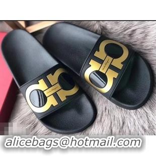 Top Quality Ferragamo PVC Gancini Slide Sandals F942904 Black/Gold 2019