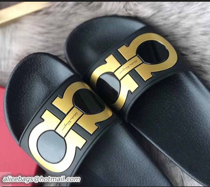 Top Quality Ferragamo PVC Gancini Slide Sandals F942904 Black/Gold 2019