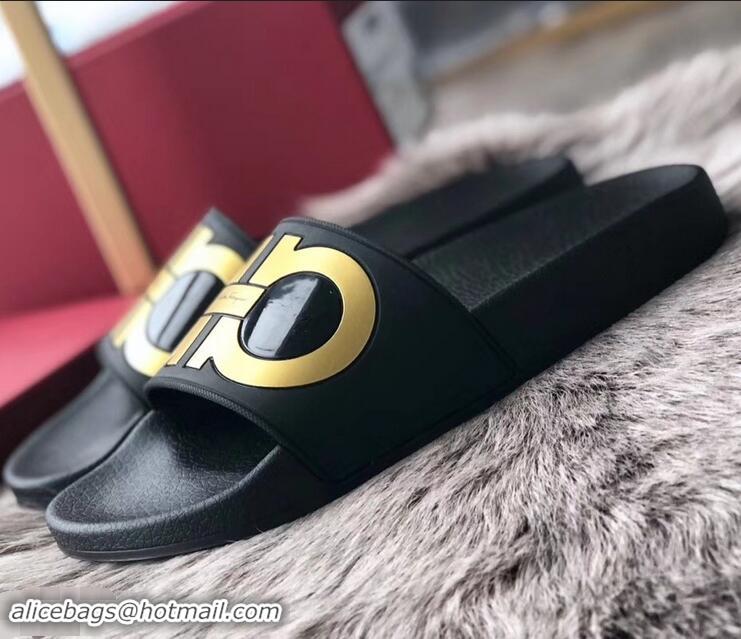 Top Quality Ferragamo PVC Gancini Slide Sandals F942904 Black/Gold 2019