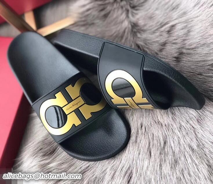 Top Quality Ferragamo PVC Gancini Slide Sandals F942904 Black/Gold 2019