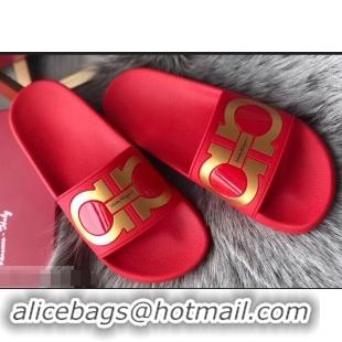 Wholesale Cheap Ferragamo PVC Gancini Slide Sandals F942904 Red/Gold 2019