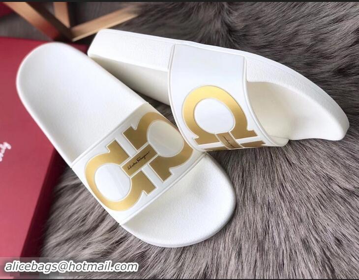 High Quality Ferragamo PVC Gancini Slide Sandals F942904 White/Gold 2019