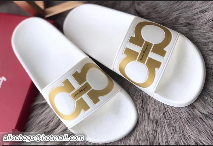 High Quality Ferragamo PVC Gancini Slide Sandals F942904 White/Gold 2019