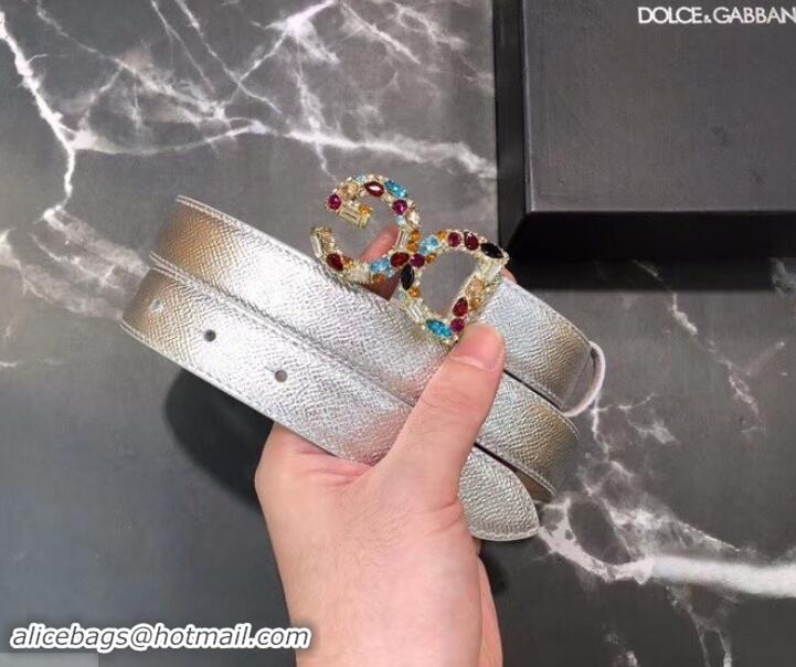 Classic Dolce & Gabbana Width 2.5cm Dauphine Calfskin Belt Silver with Gold Logo 602354