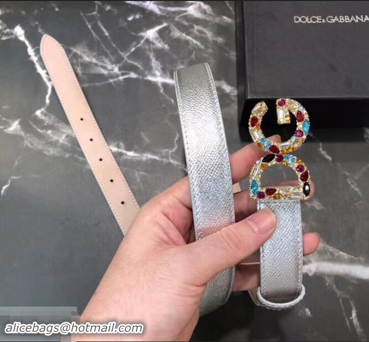 Classic Dolce & Gabbana Width 2.5cm Dauphine Calfskin Belt Silver with Gold Logo 602354