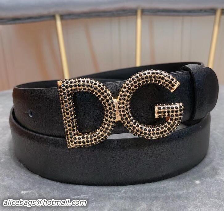 Discounts Dolce & Gabbana Width 3cm Leather Belt Black with Black Crystals Gold Logo 602360