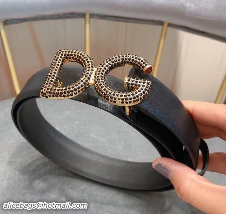 Discounts Dolce & Gabbana Width 3cm Leather Belt Black with Black Crystals Gold Logo 602360