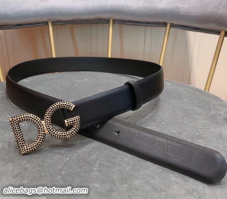 Discounts Dolce & Gabbana Width 3cm Leather Belt Black with Black Crystals Gold Logo 602360