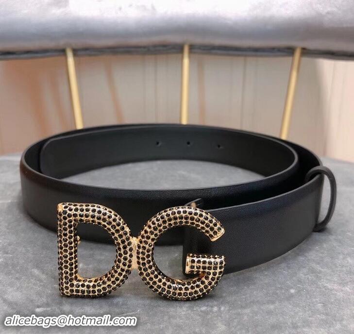 Discounts Dolce & Gabbana Width 3cm Leather Belt Black with Black Crystals Gold Logo 602360