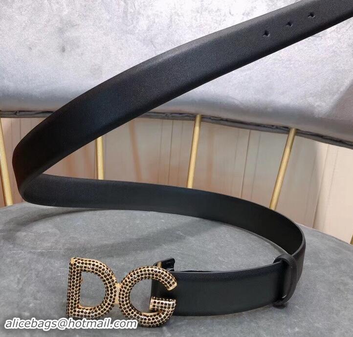 Discounts Dolce & Gabbana Width 3cm Leather Belt Black with Black Crystals Gold Logo 602360