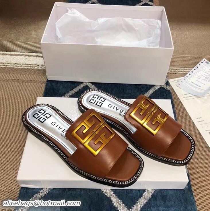 Grade Quality Givenchy 4G Logo Chain Around Slides Flat Sandals G93807 Brown 2019