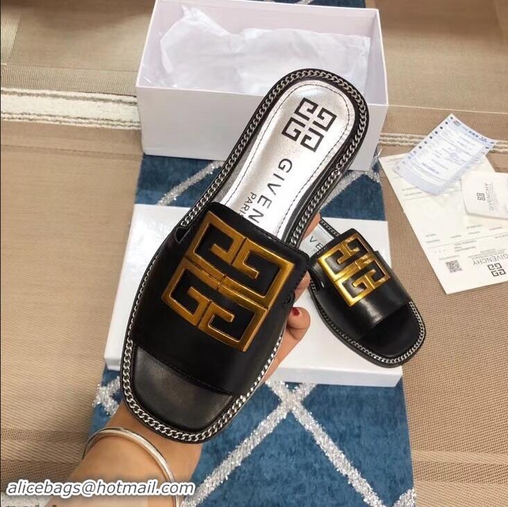 Stylish Cheap Givenchy 4G Logo Chain Around Slides Flat Sandals G93807 Black 2019