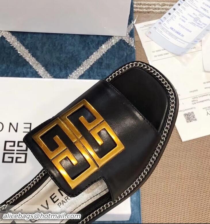 Stylish Cheap Givenchy 4G Logo Chain Around Slides Flat Sandals G93807 Black 2019