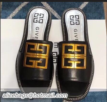 Stylish Cheap Givenchy 4G Logo Chain Around Slides Flat Sandals G93807 Black 2019