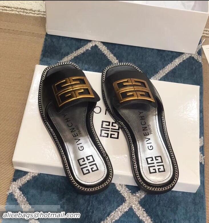 Stylish Cheap Givenchy 4G Logo Chain Around Slides Flat Sandals G93807 Black 2019