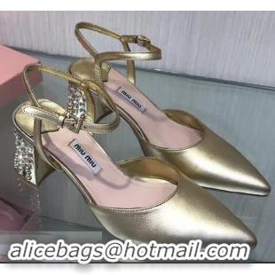 Top Quality MIU MIU CALFSKIN POINTY TOE DIAMOOND-STUDDED MM2220 GOLD SANDAL