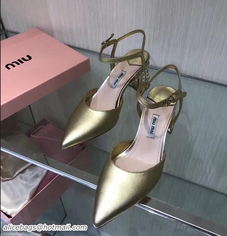 Top Quality MIU MIU CALFSKIN POINTY TOE DIAMOOND-STUDDED MM2220 GOLD SANDAL