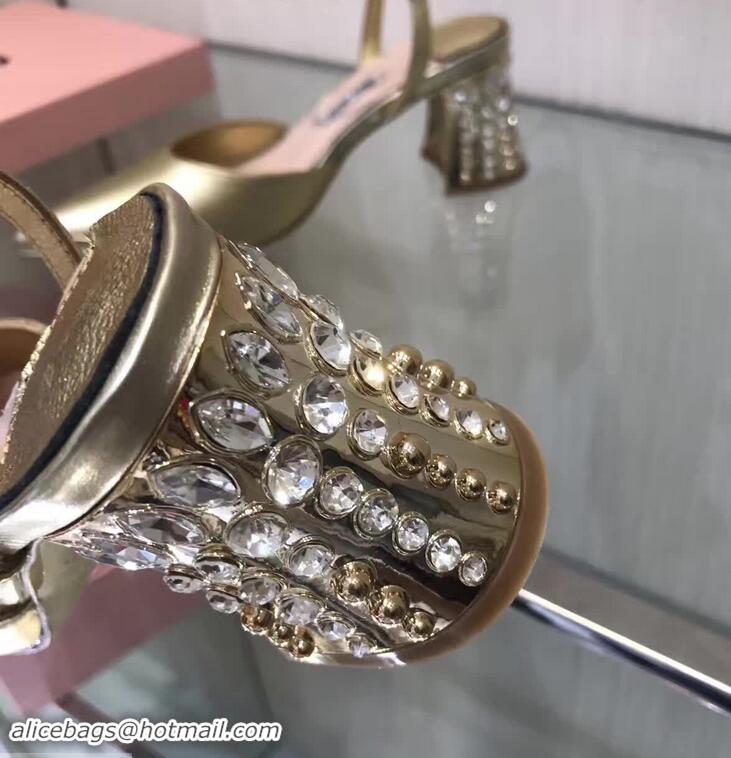 Top Quality MIU MIU CALFSKIN POINTY TOE DIAMOOND-STUDDED MM2220 GOLD SANDAL