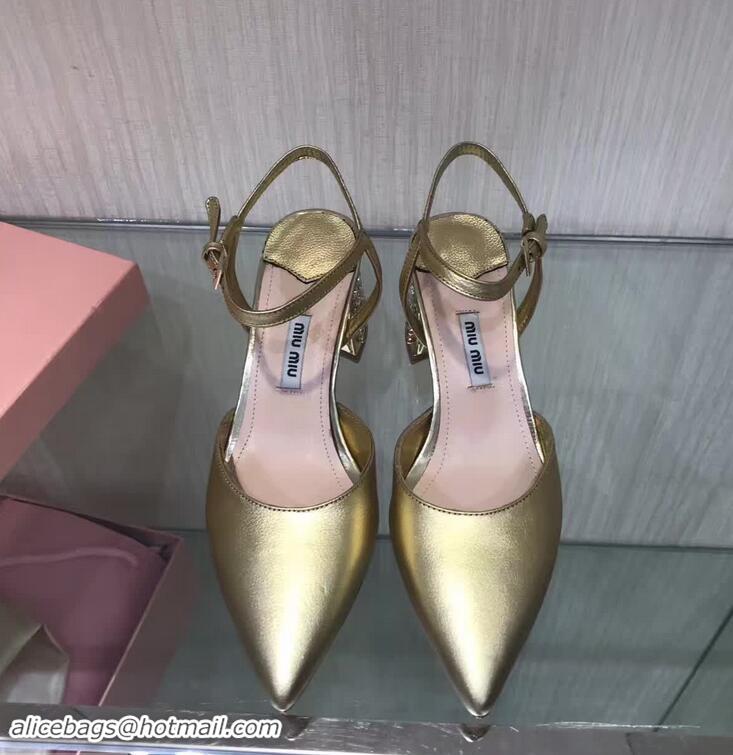 Top Quality MIU MIU CALFSKIN POINTY TOE DIAMOOND-STUDDED MM2220 GOLD SANDAL