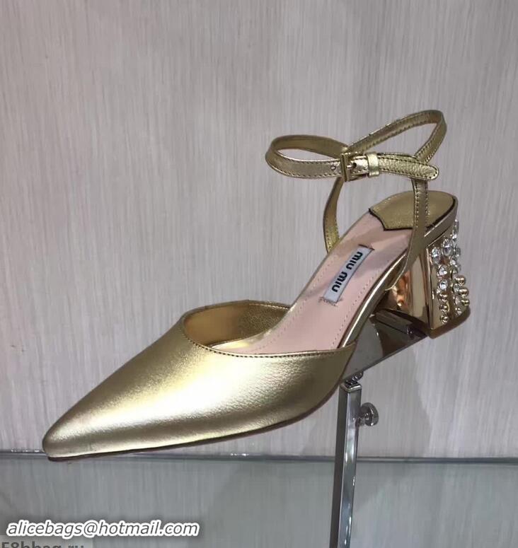 Top Quality MIU MIU CALFSKIN POINTY TOE DIAMOOND-STUDDED MM2220 GOLD SANDAL