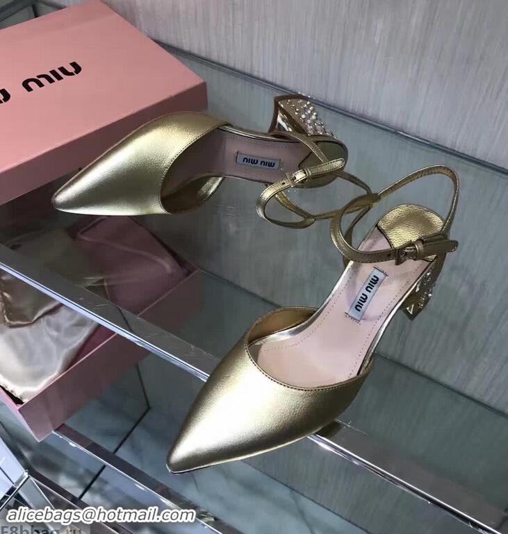 Top Quality MIU MIU CALFSKIN POINTY TOE DIAMOOND-STUDDED MM2220 GOLD SANDAL