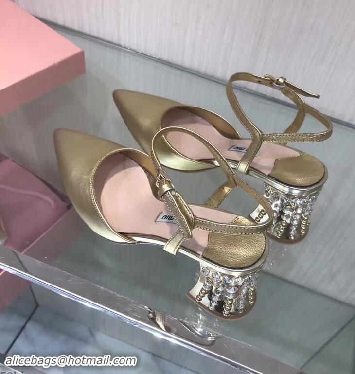 Top Quality MIU MIU CALFSKIN POINTY TOE DIAMOOND-STUDDED MM2220 GOLD SANDAL