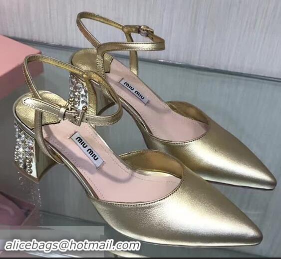 Top Quality MIU MIU CALFSKIN POINTY TOE DIAMOOND-STUDDED MM2220 GOLD SANDAL