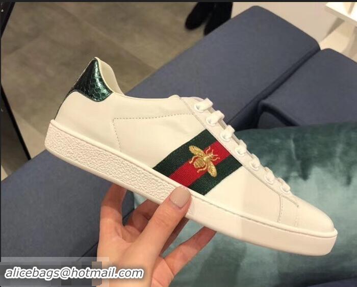 Low Price Gucci Ace Leather Low-Top Lovers Sneakers Green/Red Web Embroidered Bee G81615 White