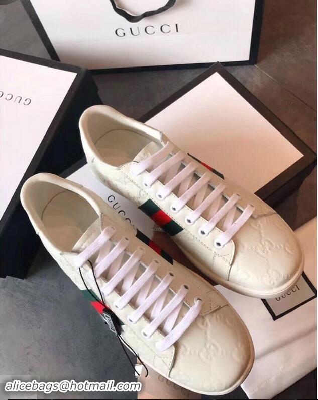 Promotion Gucci Ace Leather Low-Top Lovers Sneakers Web Signature G81637 White