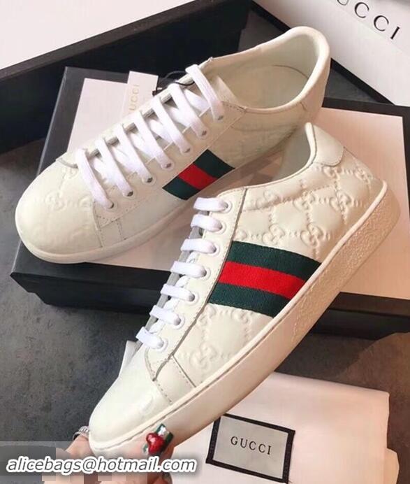 Promotion Gucci Ace Leather Low-Top Lovers Sneakers Web Signature G81637 White