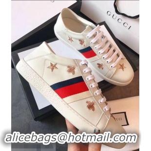 Cheapest Gucci Ace Leather Low-Top Lovers Sneakers Web Embroidered Bees and Stars G81642 White