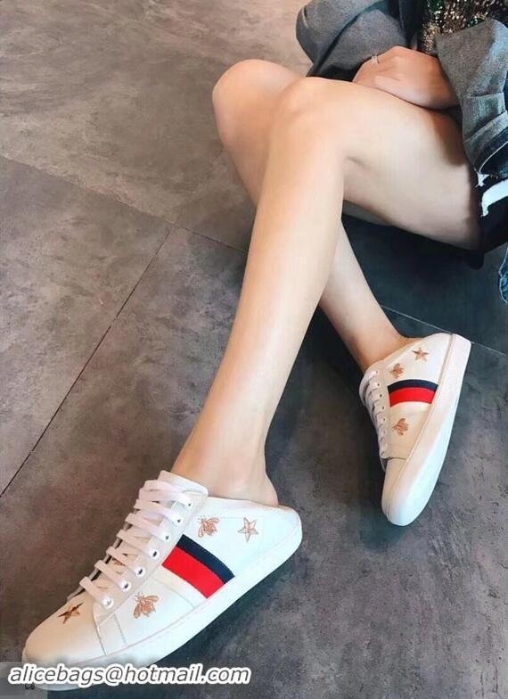 Cheapest Gucci Ace Leather Low-Top Lovers Sneakers Web Embroidered Bees and Stars G81642 White