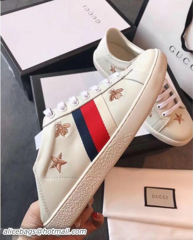 Cheapest Gucci Ace Leather Low-Top Lovers Sneakers Web Embroidered Bees and Stars G81642 White