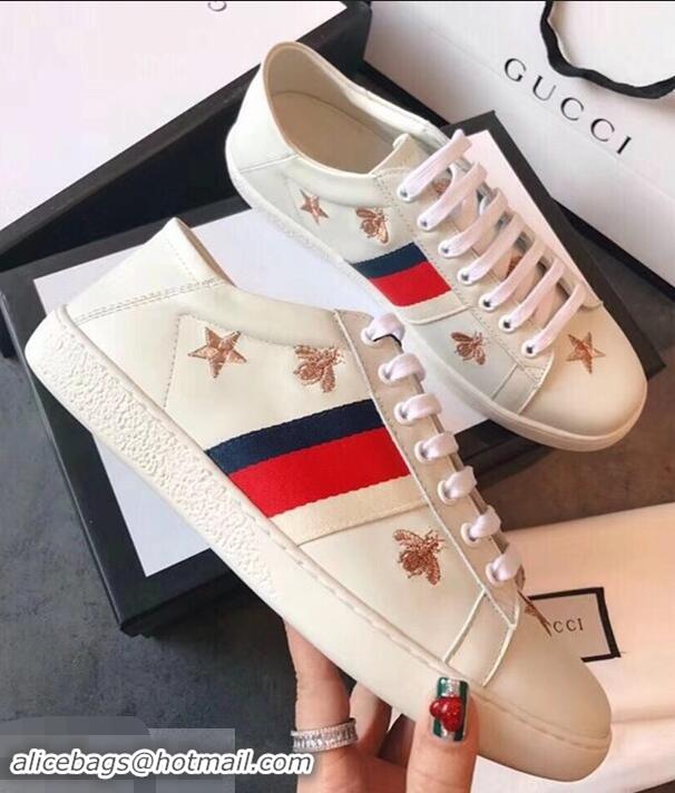 Cheapest Gucci Ace Leather Low-Top Lovers Sneakers Web Embroidered Bees and Stars G81642 White