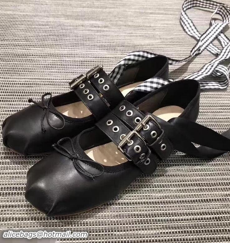 Trendy Design Miu Miu Leather Ballerinas With Belts 5F466A Black