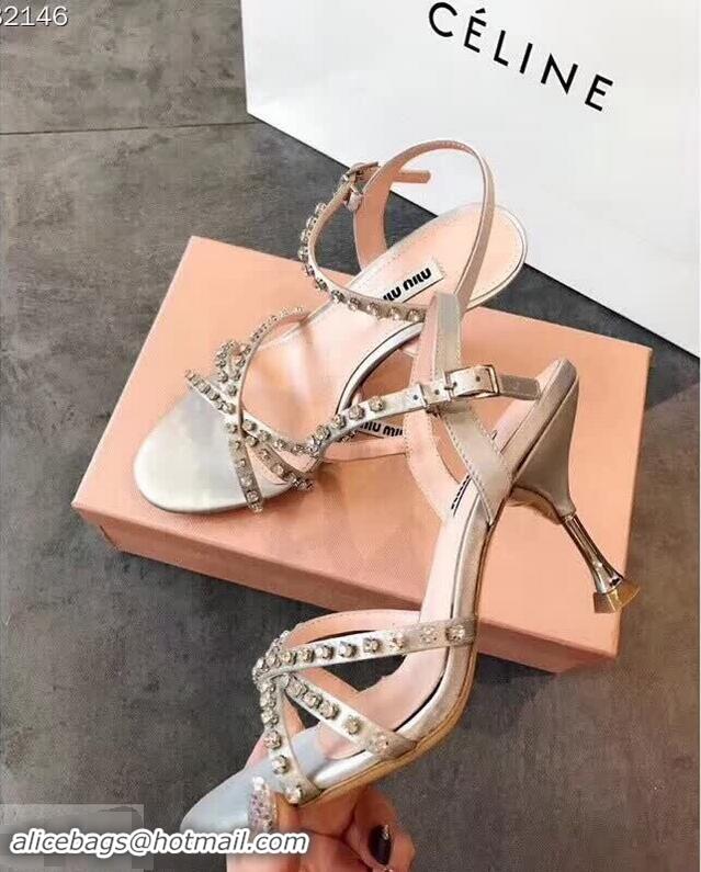 Shop Miu Miu Satin Sandals 85mm Heel/Satin Sandals with Jeweled 65mm Heel MM8917 Silver