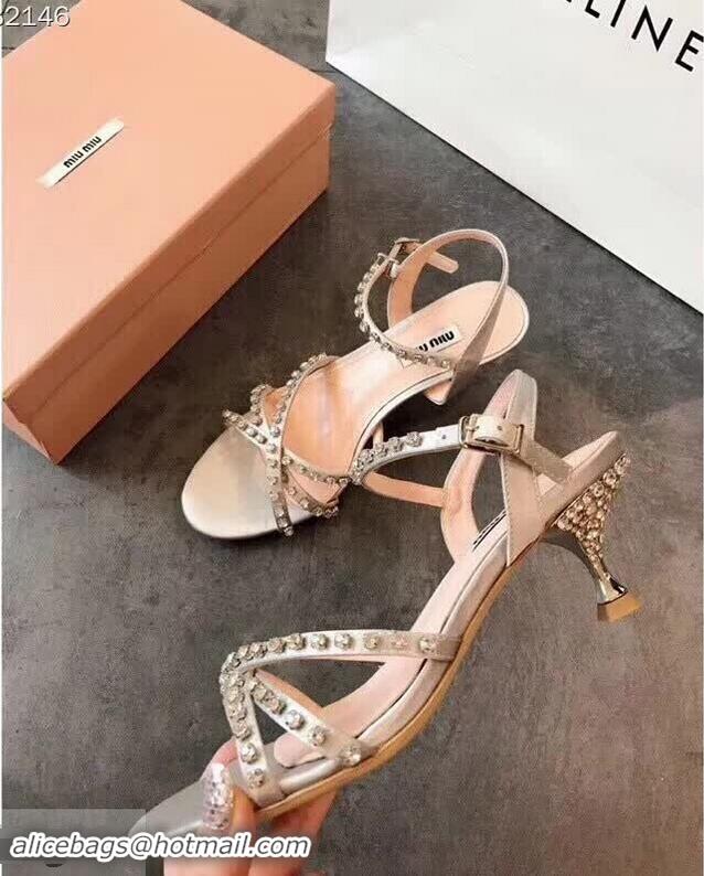 Shop Miu Miu Satin Sandals 85mm Heel/Satin Sandals with Jeweled 65mm Heel MM8917 Silver