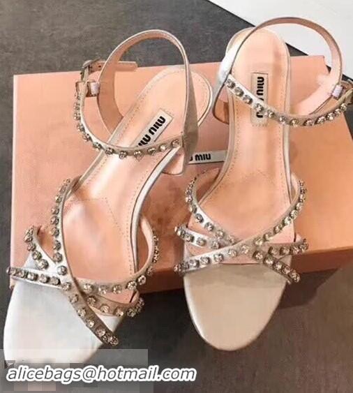 Shop Miu Miu Satin Sandals 85mm Heel/Satin Sandals with Jeweled 65mm Heel MM8917 Silver