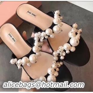 Traditional Discount Miu Miu Satin Flat Sandals with Pearls MM8935 Black