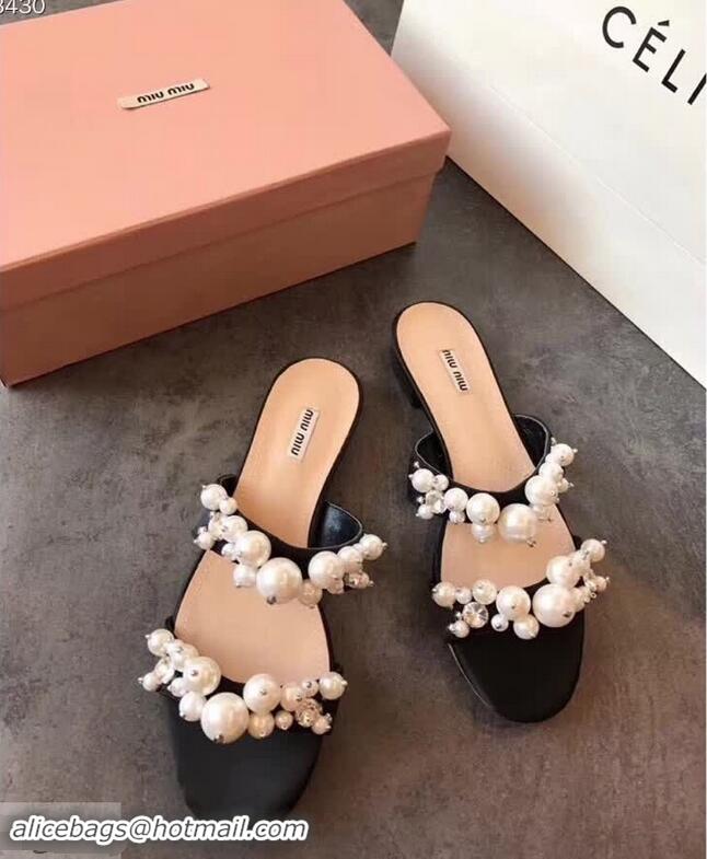 Traditional Discount Miu Miu Satin Flat Sandals with Pearls MM8935 Black