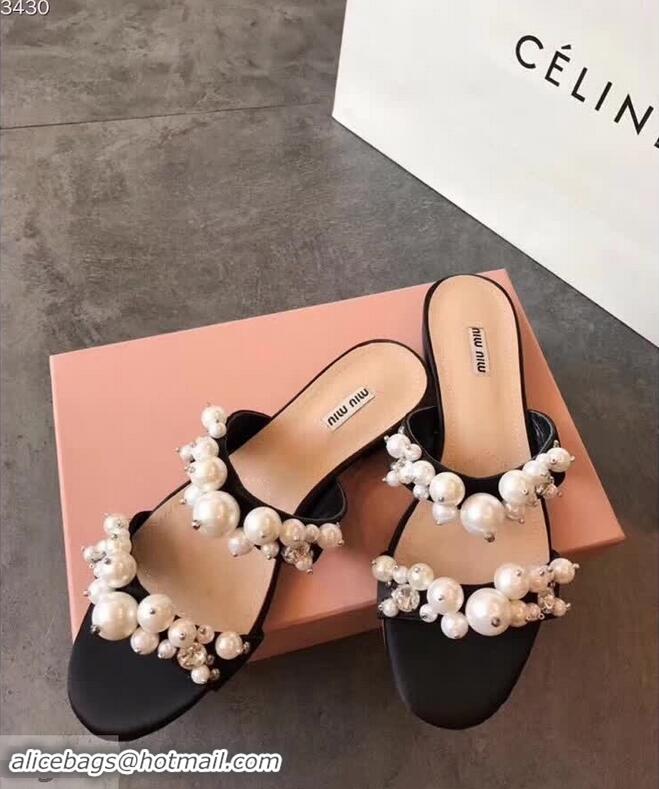 Traditional Discount Miu Miu Satin Flat Sandals with Pearls MM8935 Black