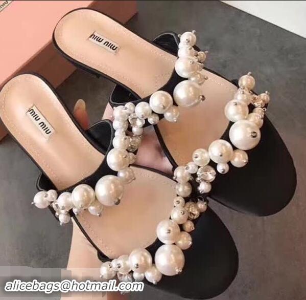 Traditional Discount Miu Miu Satin Flat Sandals with Pearls MM8935 Black