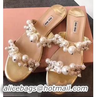 Super Quality Miu Miu Satin Flat Sandals with Pearls MM8935 Gold